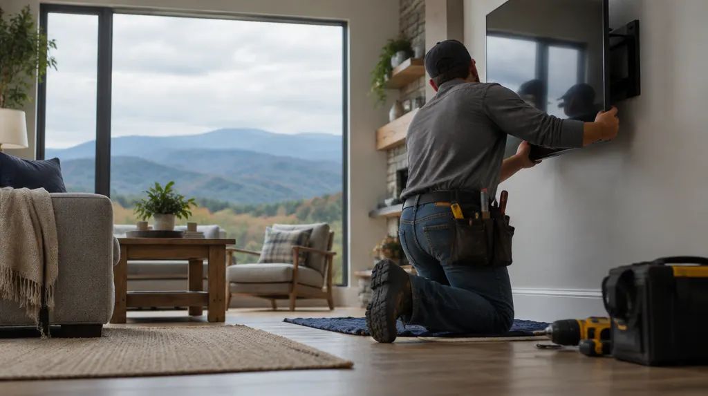 A handyman mounting a TV on a living room wall in Greenville, SC
