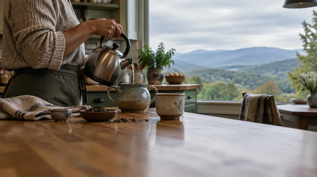 A caregiver preparing tea in a cozy kitchen in Greenville, SC