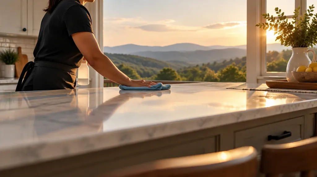 A house cleaner wiping a bright kitchen island in Greenville, SC