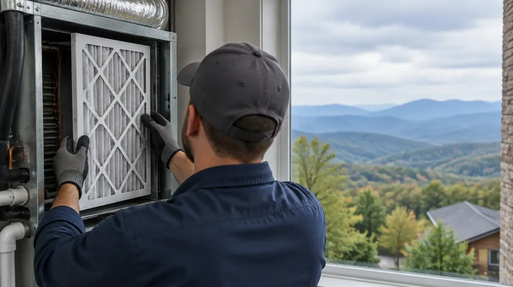 A technician replacing an air filter in an indoor air handler in Greenville, SC