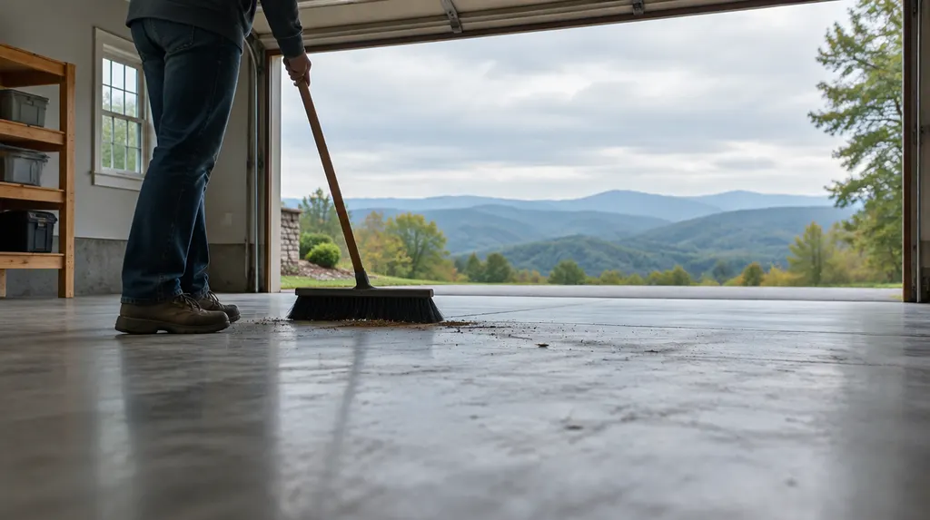 A cleared-out garage being swept in Greenville, SC