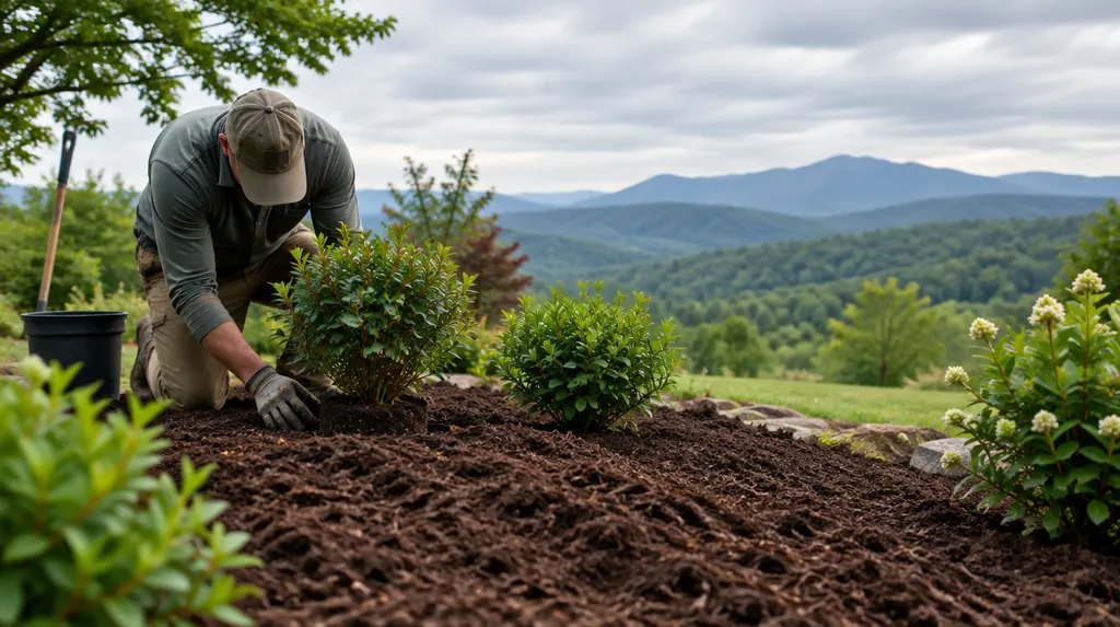 A landscaper planting shrubs in a fresh mulch bed in Greenville, SC