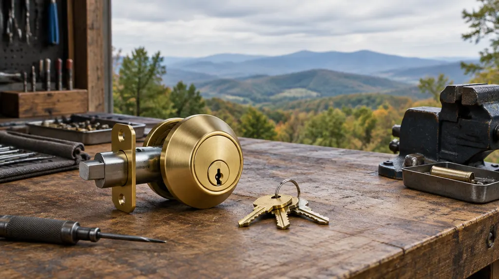 A new brass deadbolt lock and a set of keys on a locksmith’s workbench in Greenville, SC