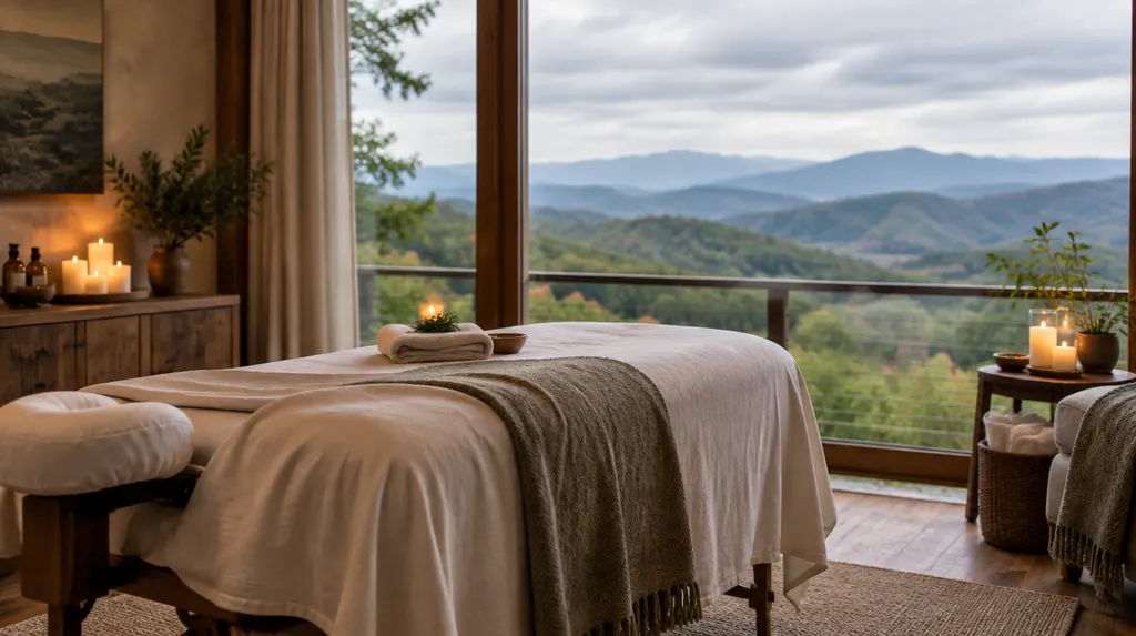 A calm massage room with a draped table and candles in Greenville, SC