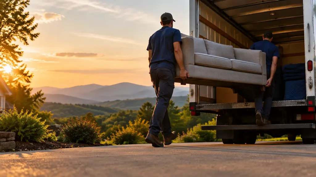 Movers carrying a sofa into a moving truck in Greenville, SC