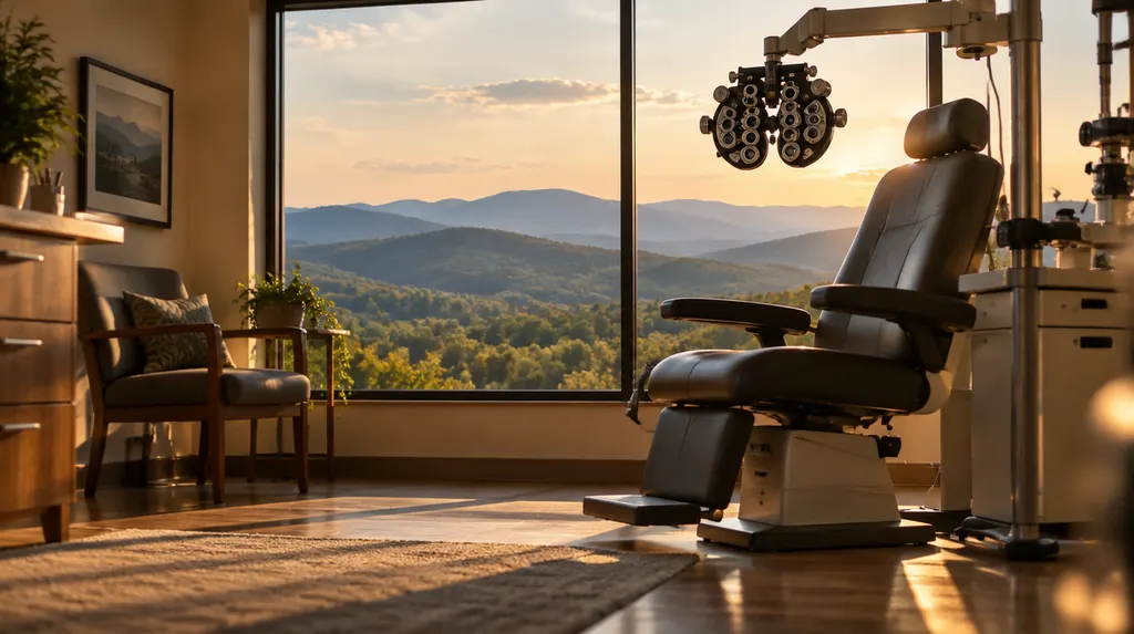 An optometry exam room with a phoropter in Greenville, SC