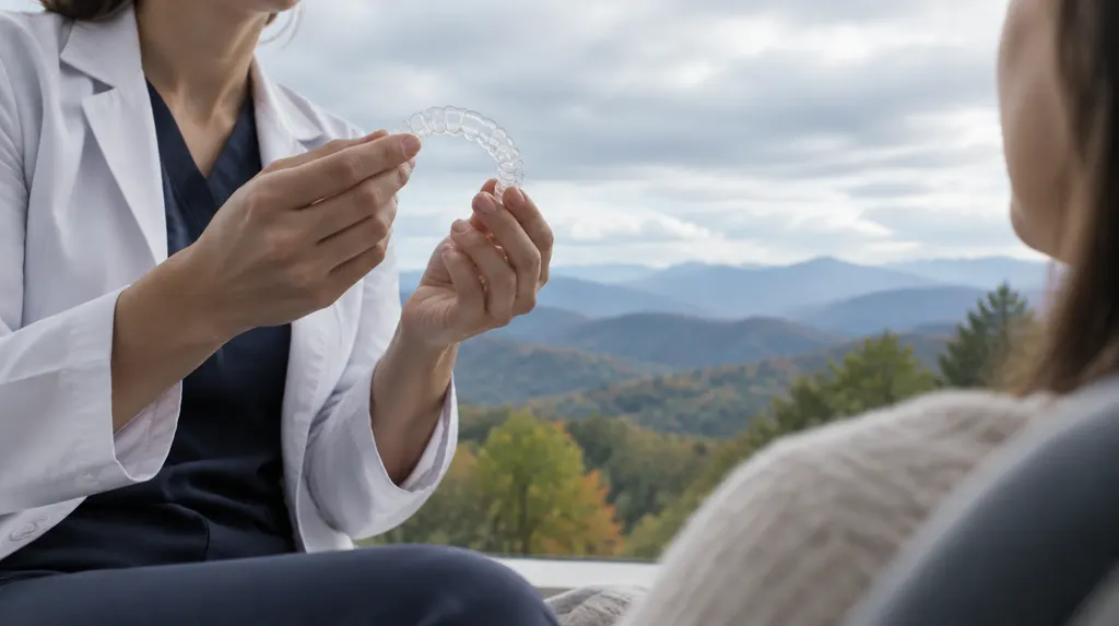 An orthodontist showing a clear aligner tray in Greenville, SC