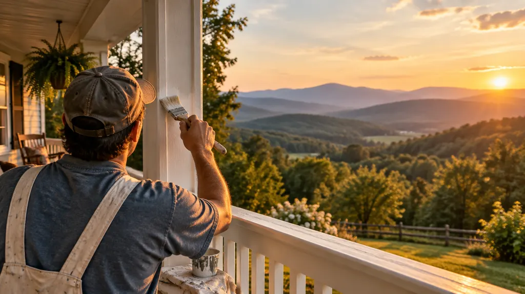 A painter brushing white trim on a porch in Greenville, SC