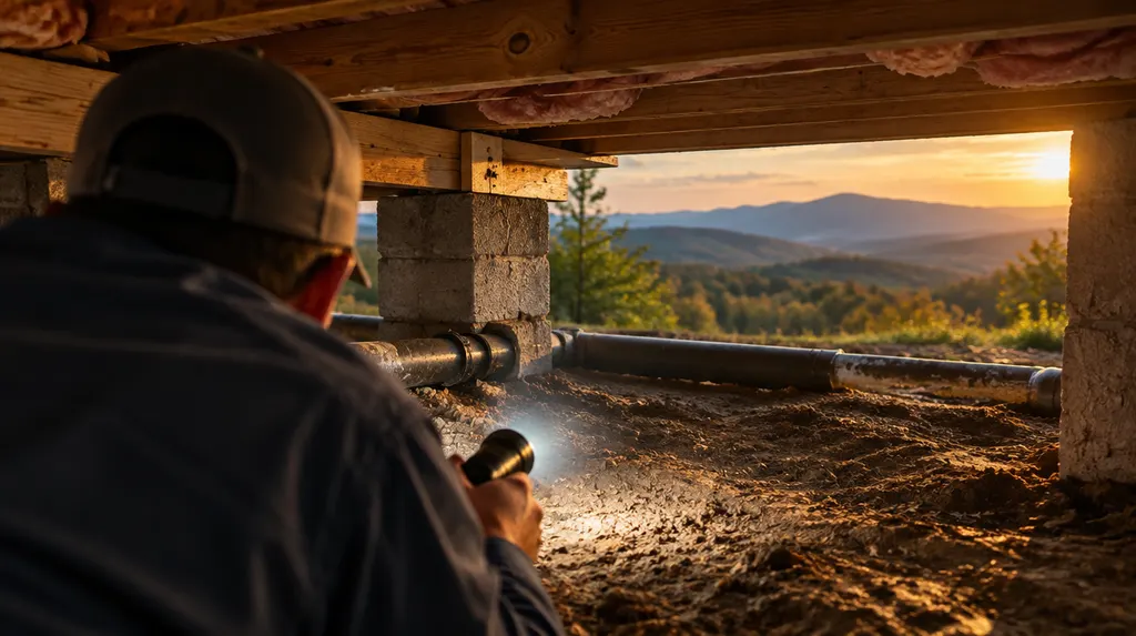 A technician inspecting a crawl space with a flashlight in Greenville, SC
