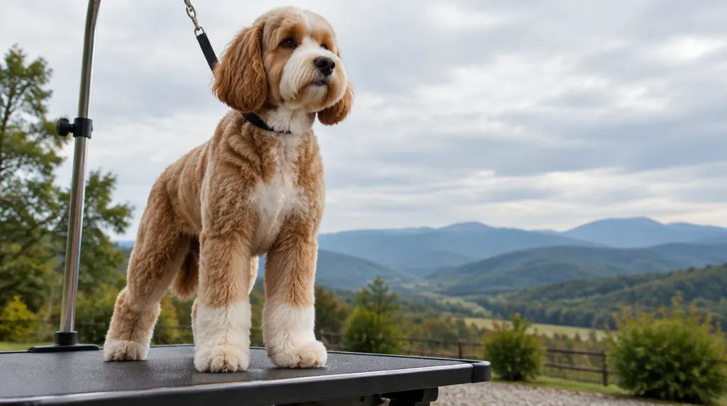 A freshly groomed dog on a grooming table in Greenville, SC