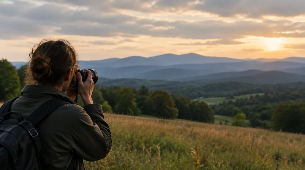 A photographer holding a camera at a golden-hour field in Greenville, SC