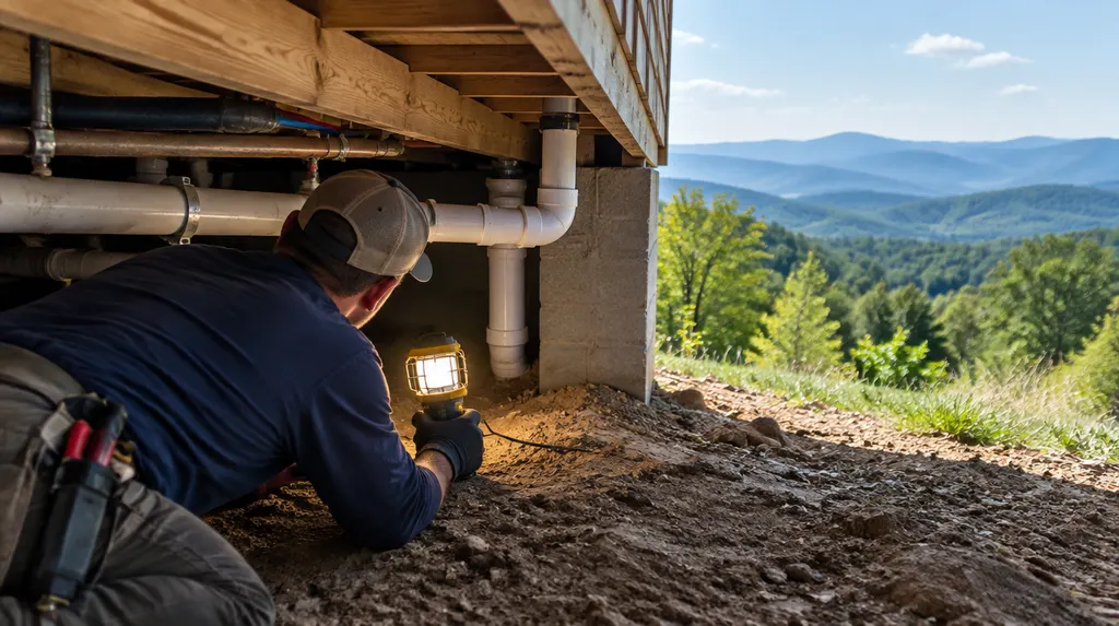 A plumber checking pipes in a crawl space with a work light in Greenville, SC