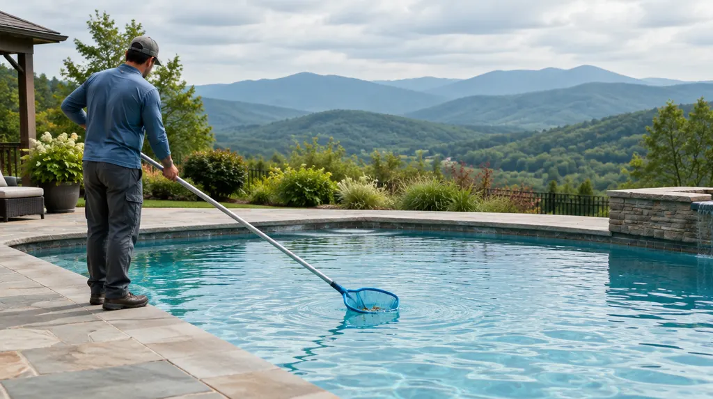 A pool technician skimming a sparkling backyard pool in Greenville, SC