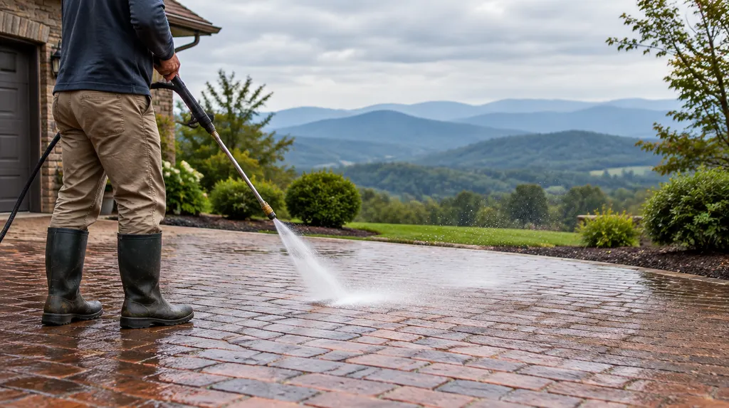 Pressure washing a brick driveway with sparkling spray in Greenville, SC