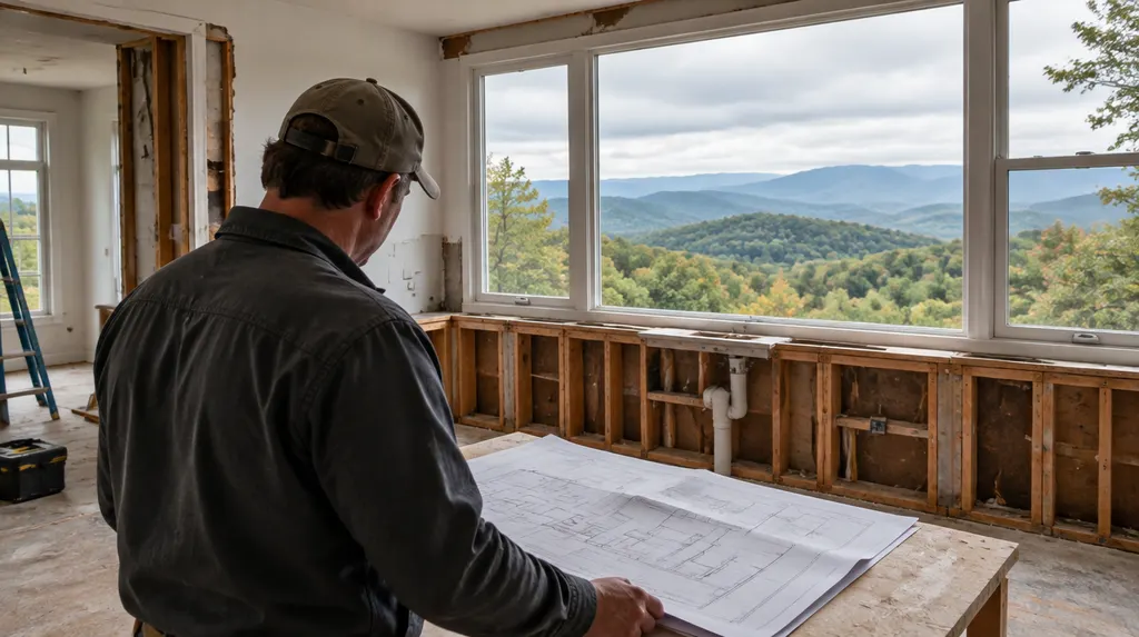 A contractor reviewing plans in a gutted kitchen in Greenville, SC