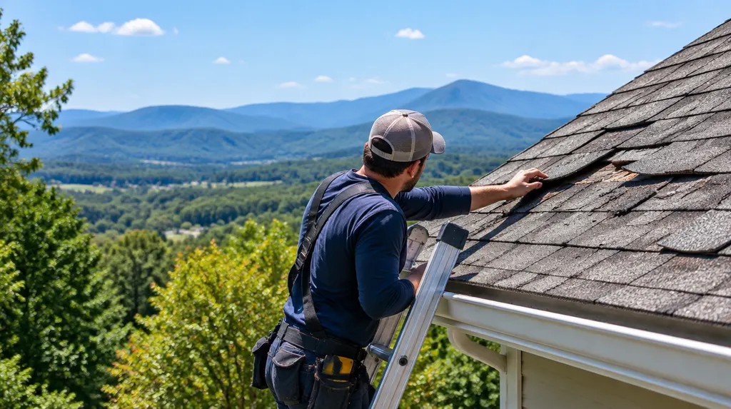 A roofer inspecting storm-damaged shingles from a ladder in Greenville, SC