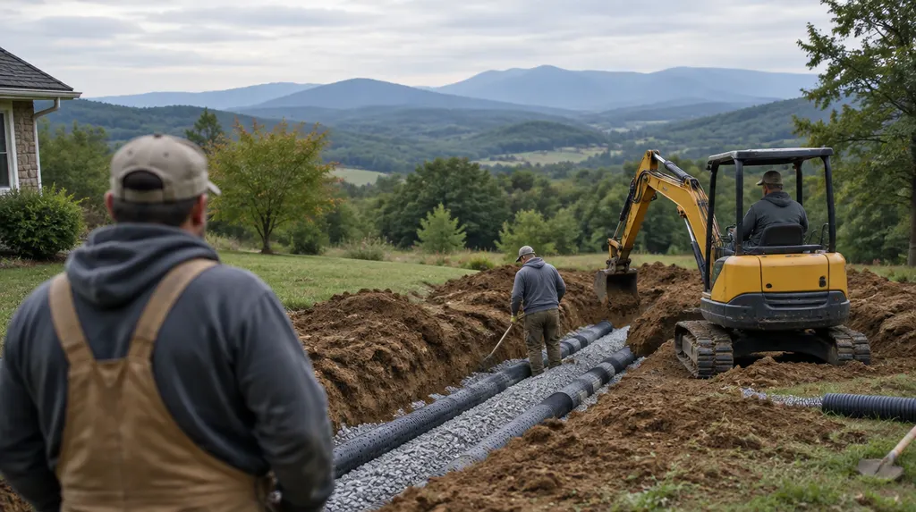 A crew repairing a drain field with a small excavator in Greenville, SC
