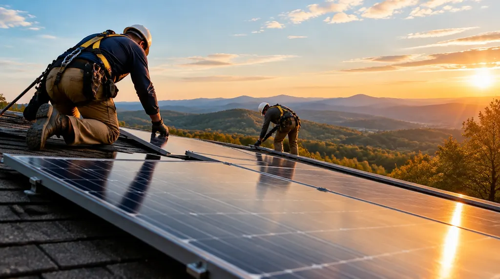 Installers mounting solar panels on a sunny roof in Greenville, SC