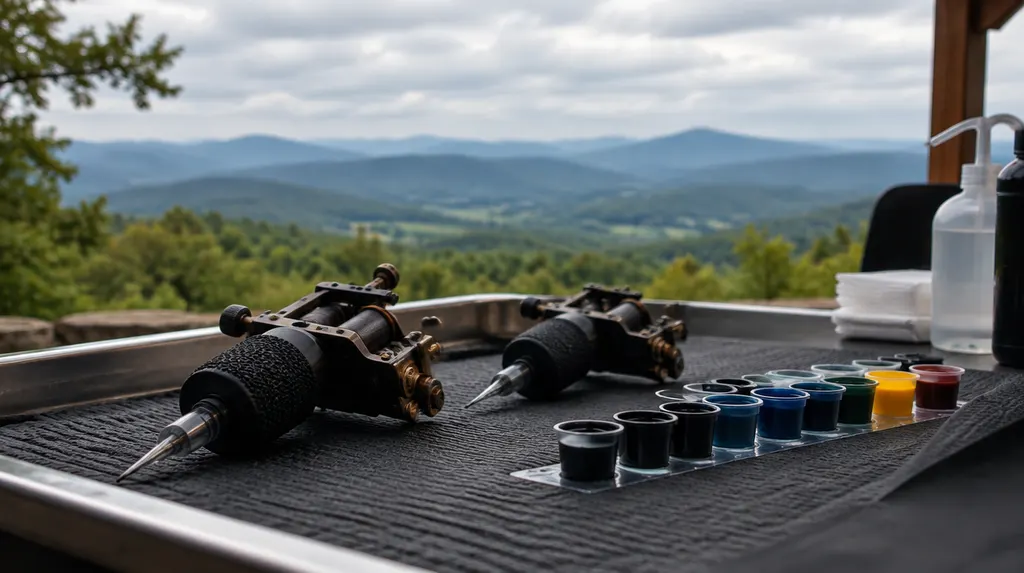 Tattoo machines and ink caps on a tray in Greenville, SC