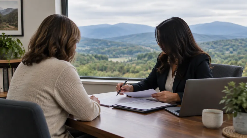 A tax preparer reviewing documents with a client in Greenville, SC