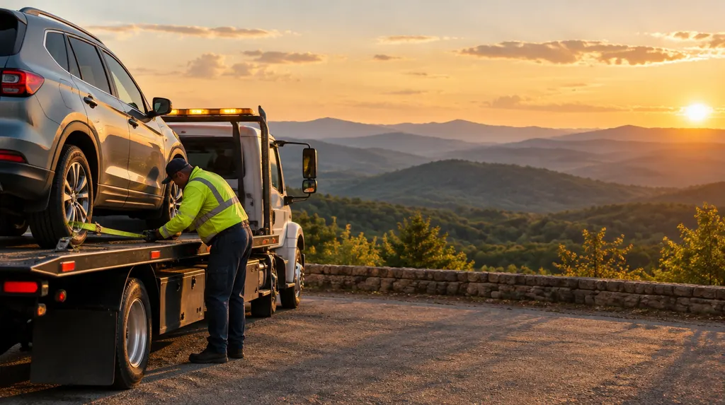 A tow truck driver securing a vehicle with straps in Greenville, SC