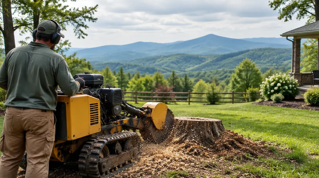 A stump grinder working in a sunny backyard in Greenville, SC
