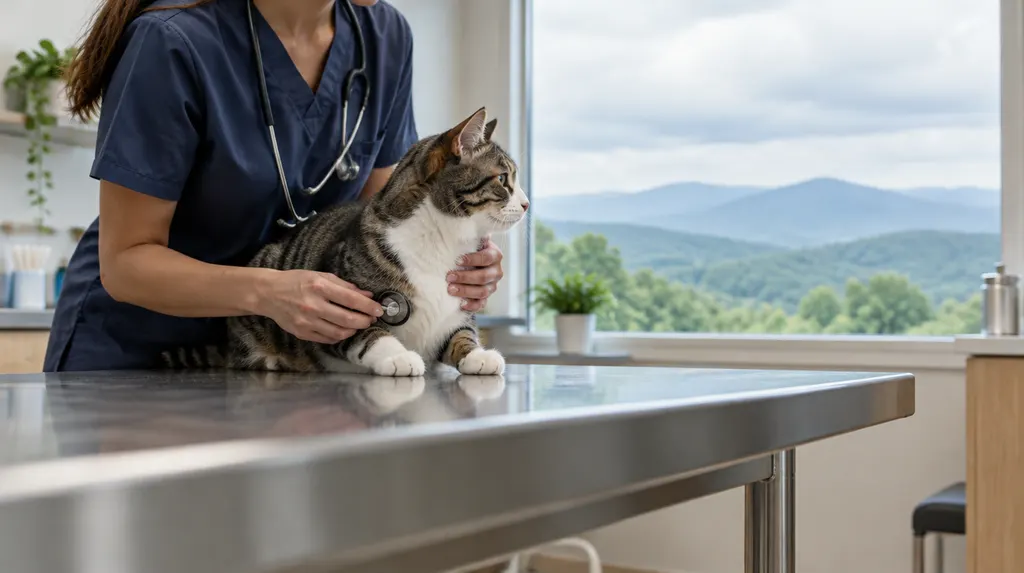 A vet checking a cat in a bright clinic in Greenville, SC