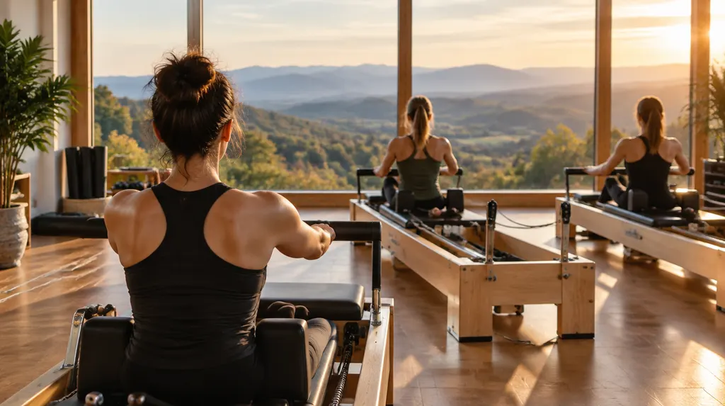 Pilates reformer machines in a bright studio in Greenville, SC