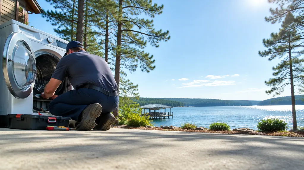 A technician fixing a front-load washer in Greenwood, SC