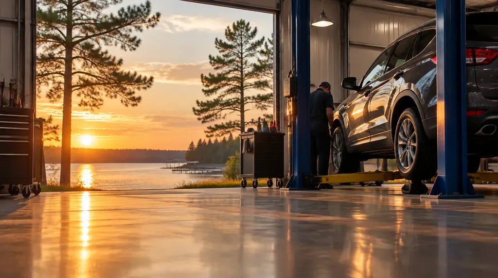 A clean auto shop service bay with a car inside in Greenwood, SC