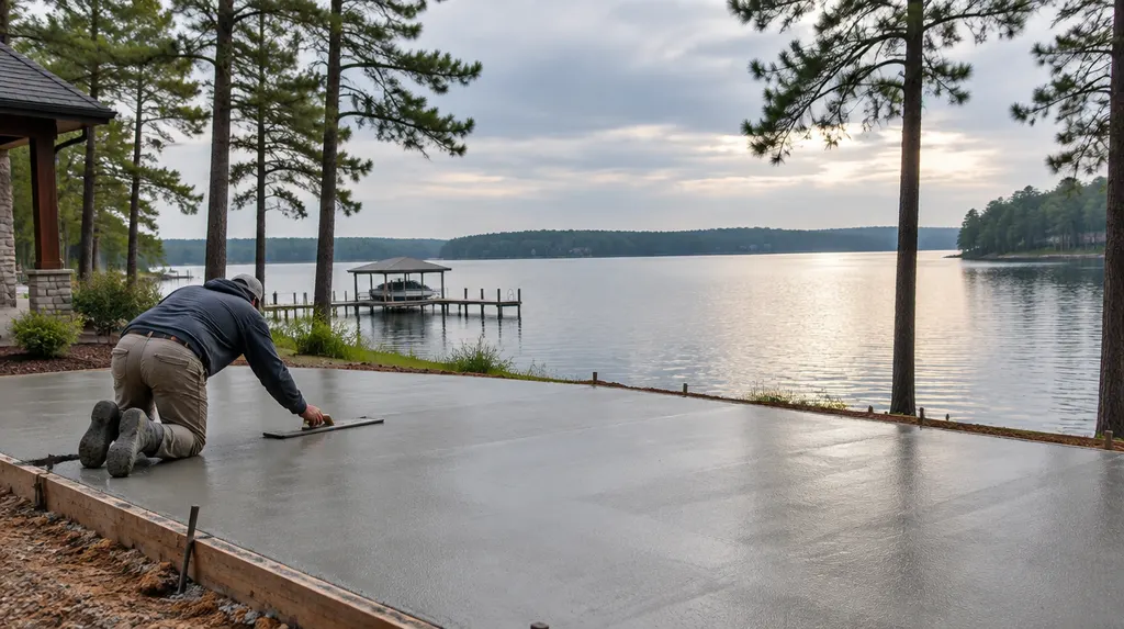 A finisher troweling a fresh patio slab in Greenwood, SC