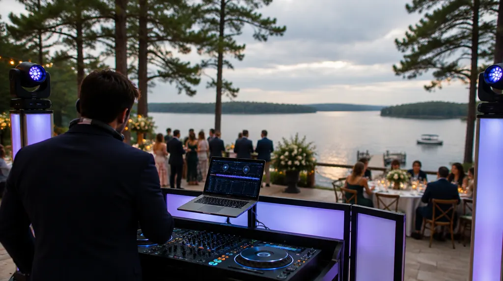 A DJ booth with lights at a wedding reception in Greenwood, SC