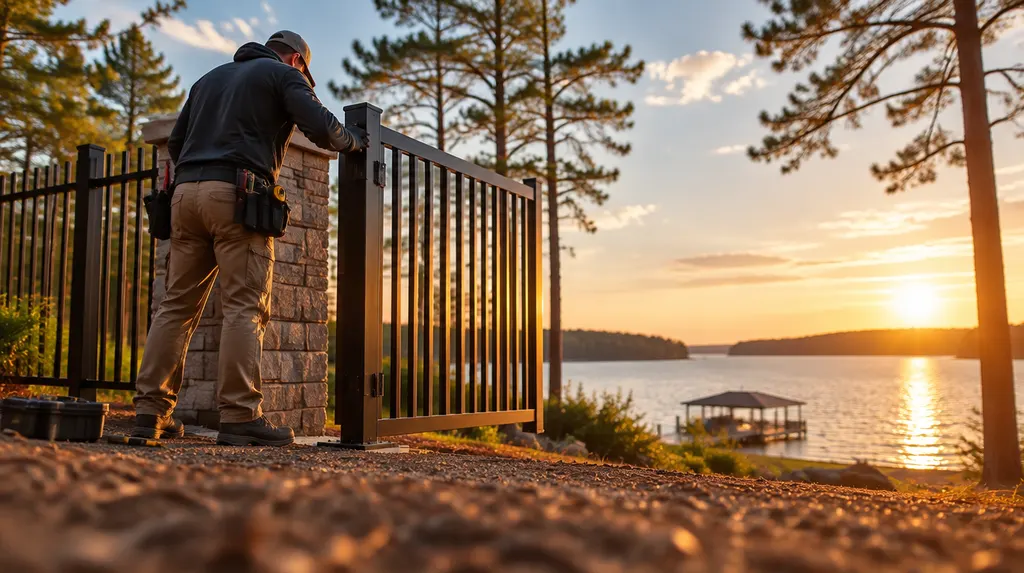 An installer hanging a black aluminum gate in Greenwood, SC