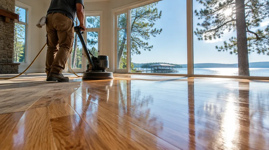 A craftsman refinishing a hardwood floor in Greenwood, SC