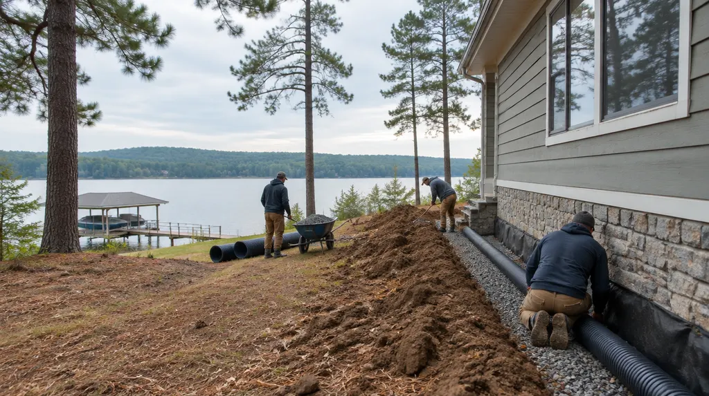 A crew installing drainage along a house foundation in Greenwood, SC