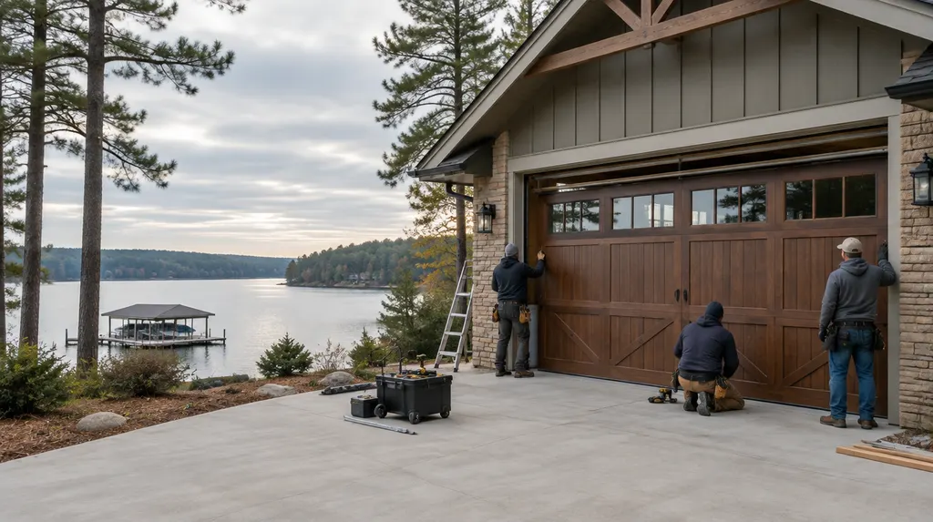 A crew installing a new carriage-style garage door in Greenwood, SC