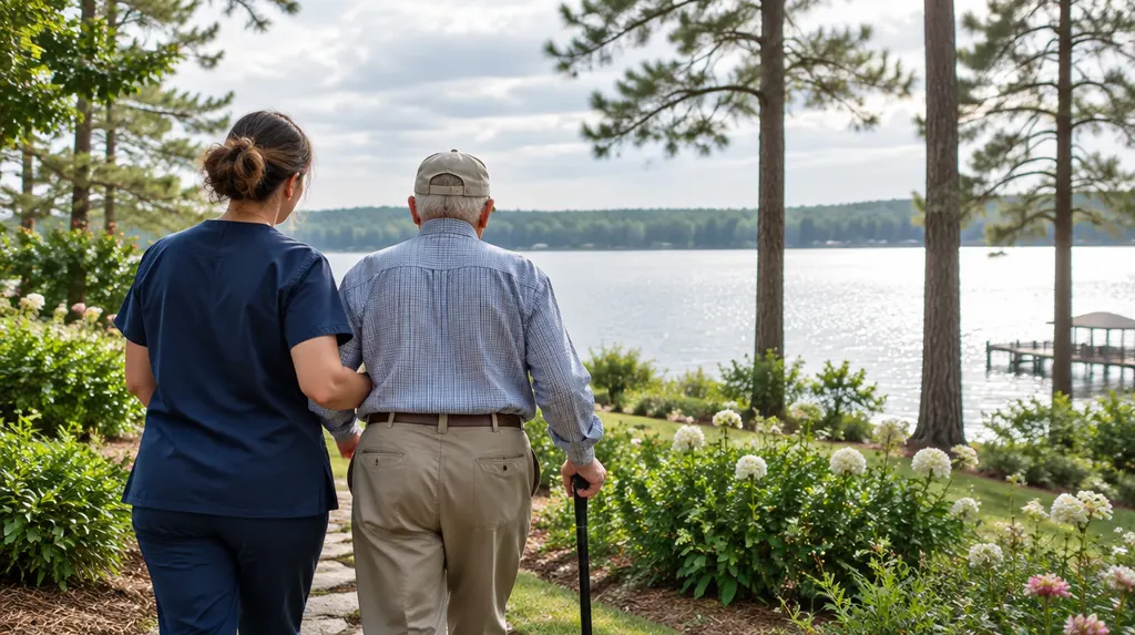 A caregiver helping an older man walk in a sunny garden in Greenwood, SC