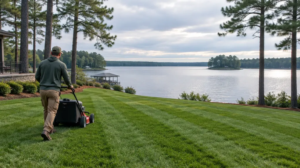 A landscaper mowing a striped green lawn in Greenwood, SC
