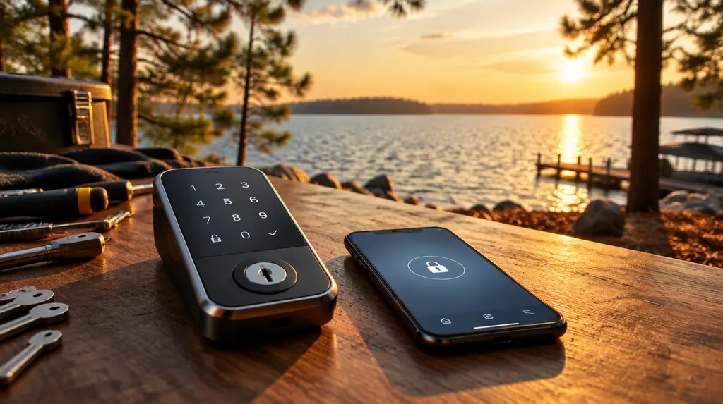 A sleek modern smart lock keypad and a phone app on a locksmith’s table in Greenwood, SC