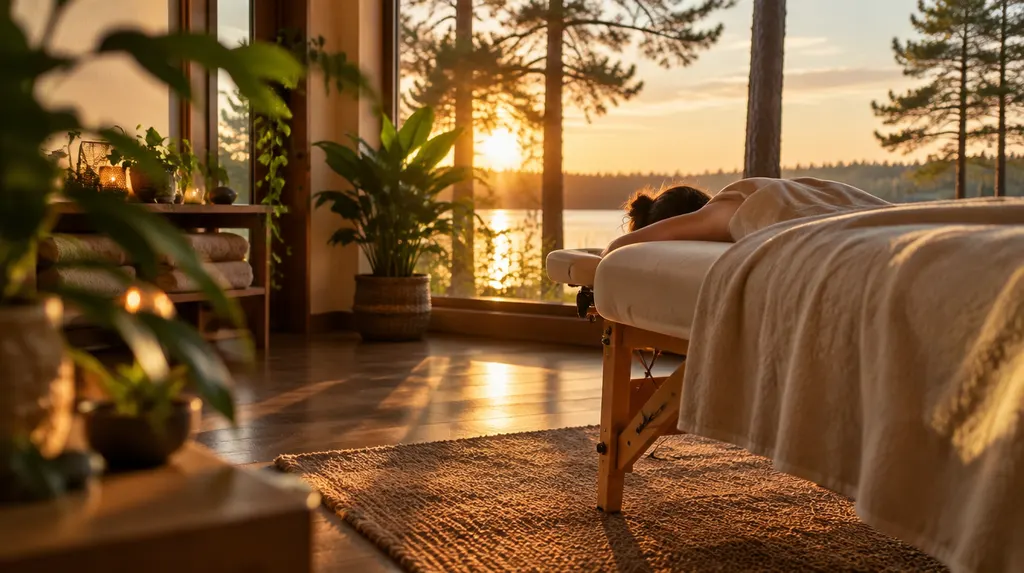 A massage studio with soft light and plants in Greenwood, SC