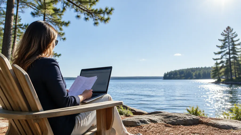 A broker reviewing documents on a laptop in Greenwood, SC