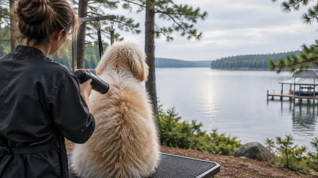 A groomer drying a fluffy dog in Greenwood, SC