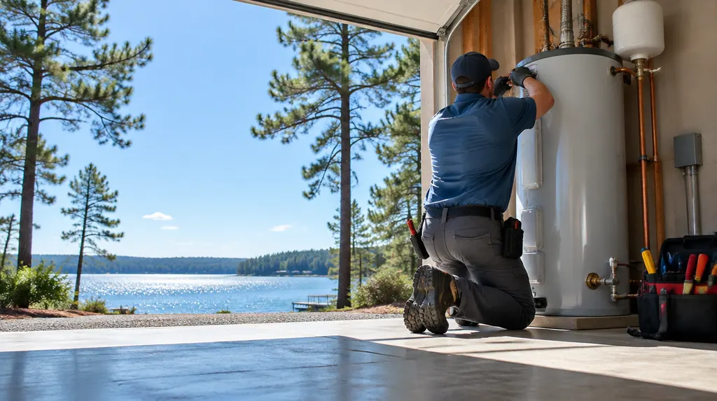 A plumber installing a tank water heater in a garage in Greenwood, SC