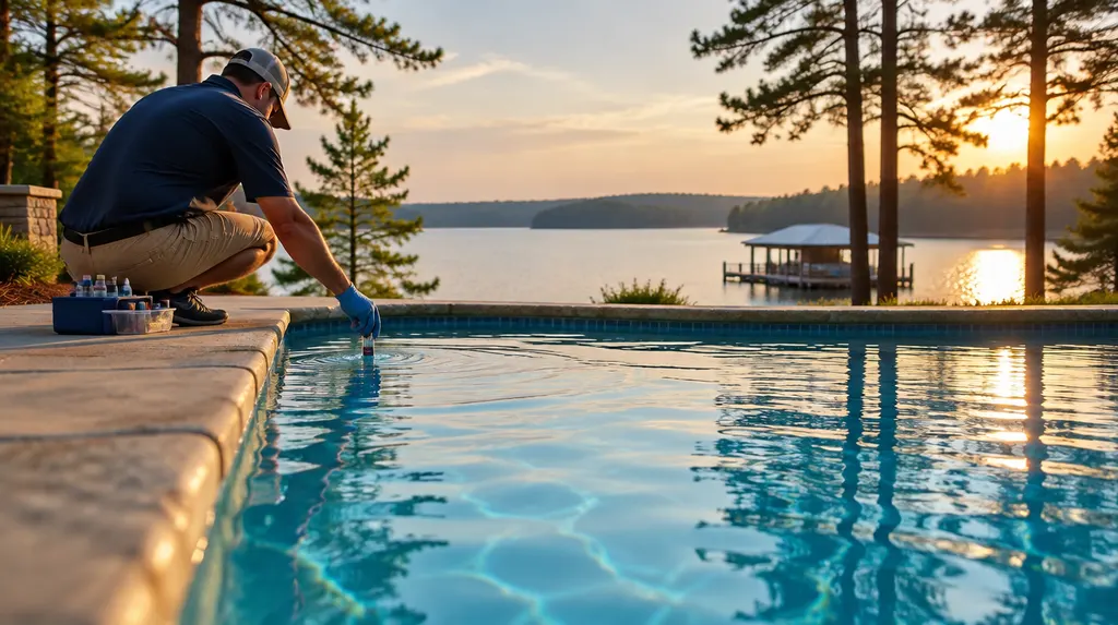 A clean blue pool with a technician testing the water in Greenwood, SC