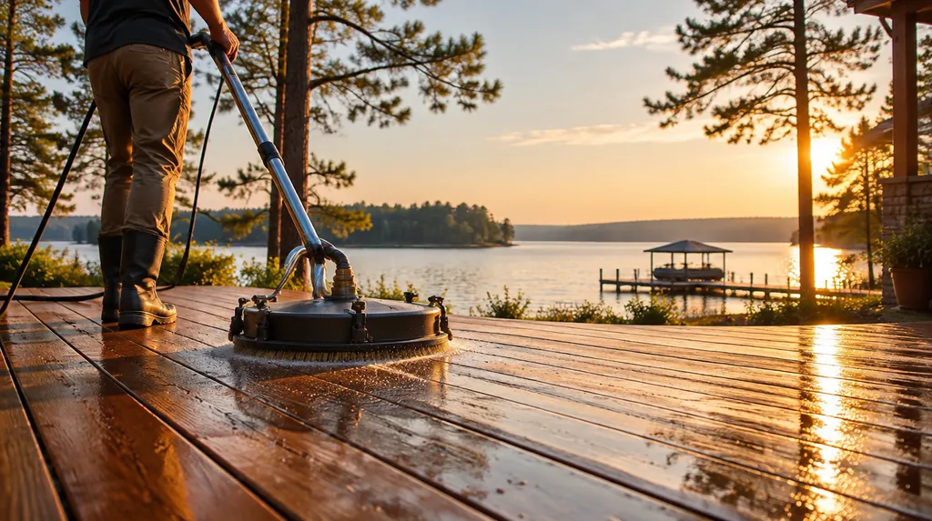 Cleaning a wooden deck with a surface cleaner in Greenwood, SC