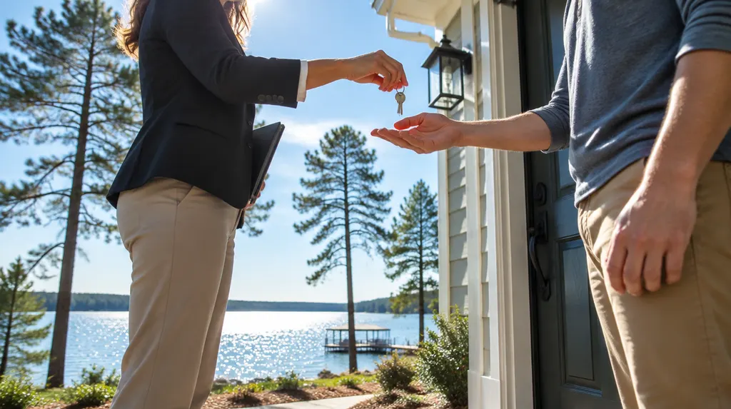 A manager handing keys to a tenant at a front door in Greenwood, SC