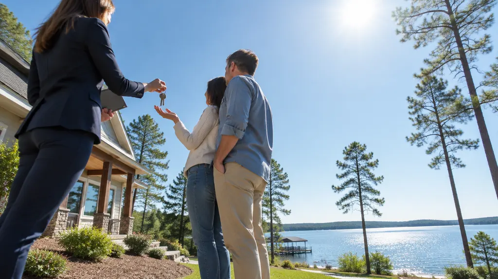 An agent handing keys to new homeowners outside a house in Greenwood, SC
