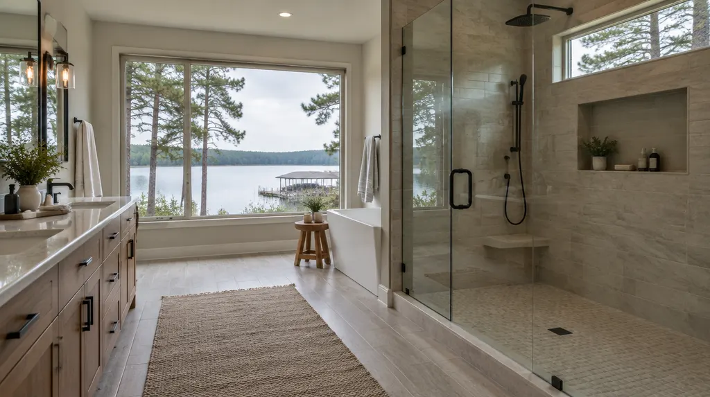 A finished modern bathroom remodel with a walk-in shower in Greenwood, SC