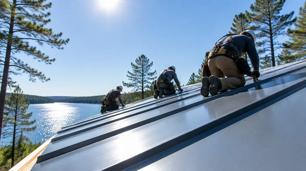 A roofing crew installing a standing-seam metal roof in Greenwood, SC