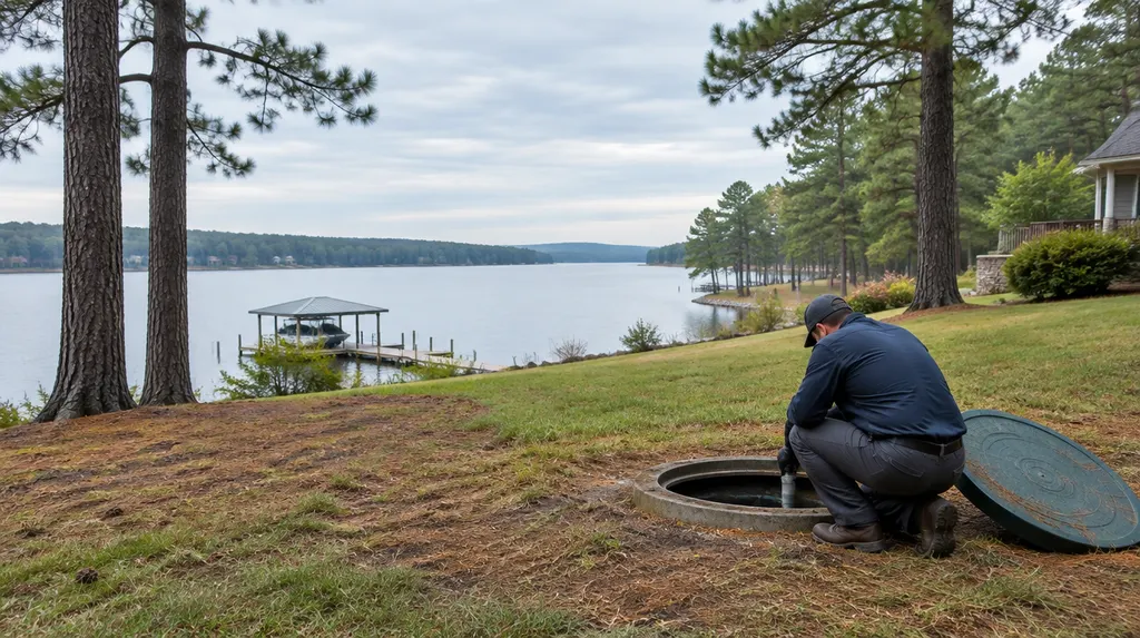 A technician inspecting an open septic tank lid in a yard in Greenwood, SC